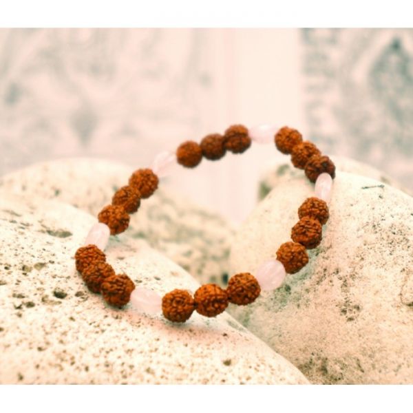 Браслет Рудракша + Рожевий кварц 24 намистини