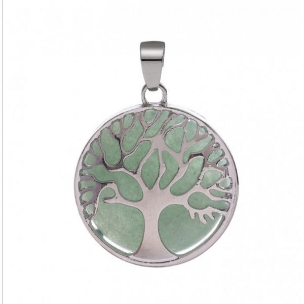 Кулон белый метал "Древо Жизни" вставка Зелёный Авантюрин